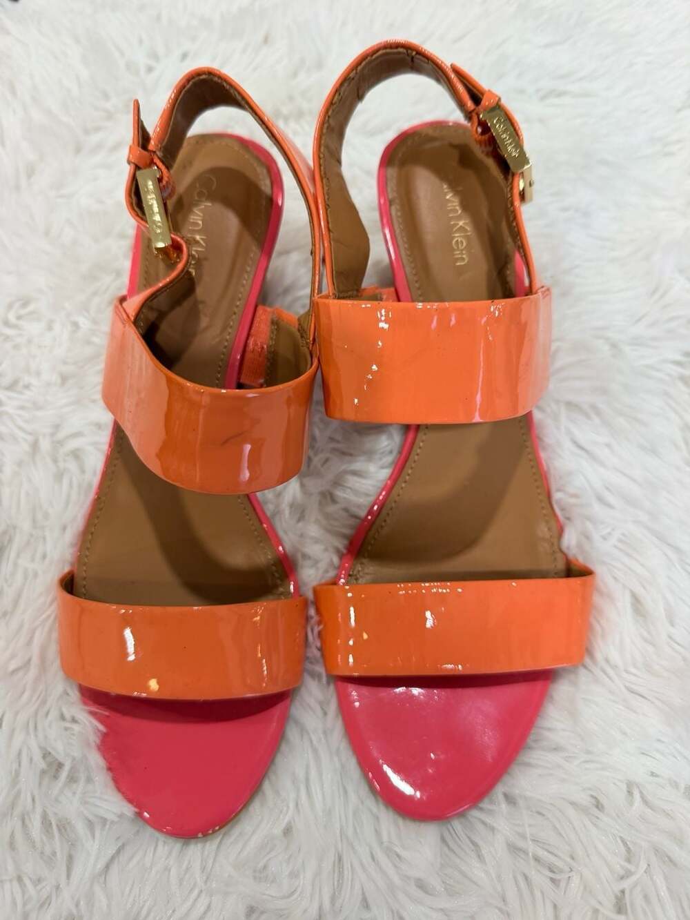 Calvin Klein Orange Patent Leather Cork Wedge Sandals